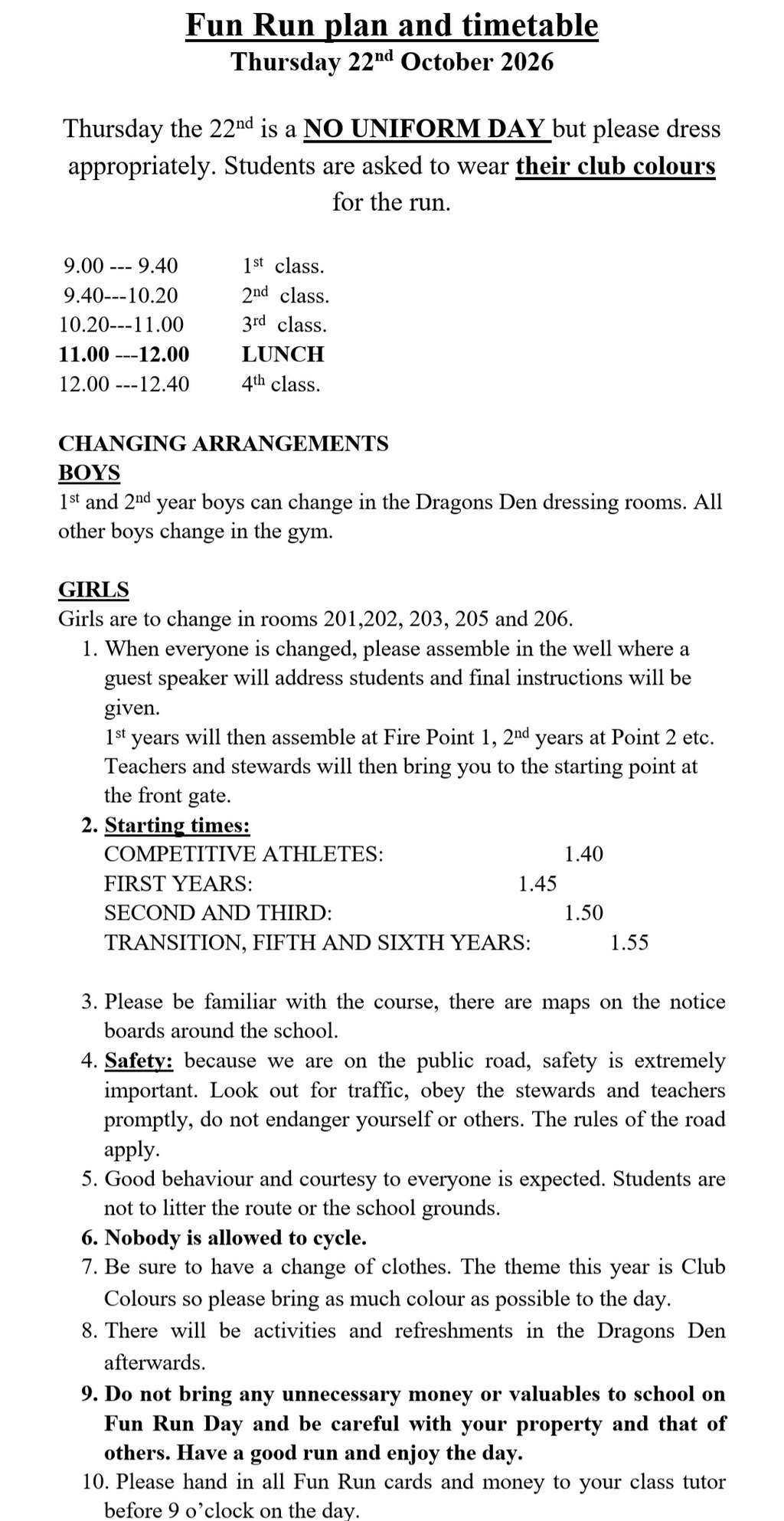 Fun Run Schedule 2026